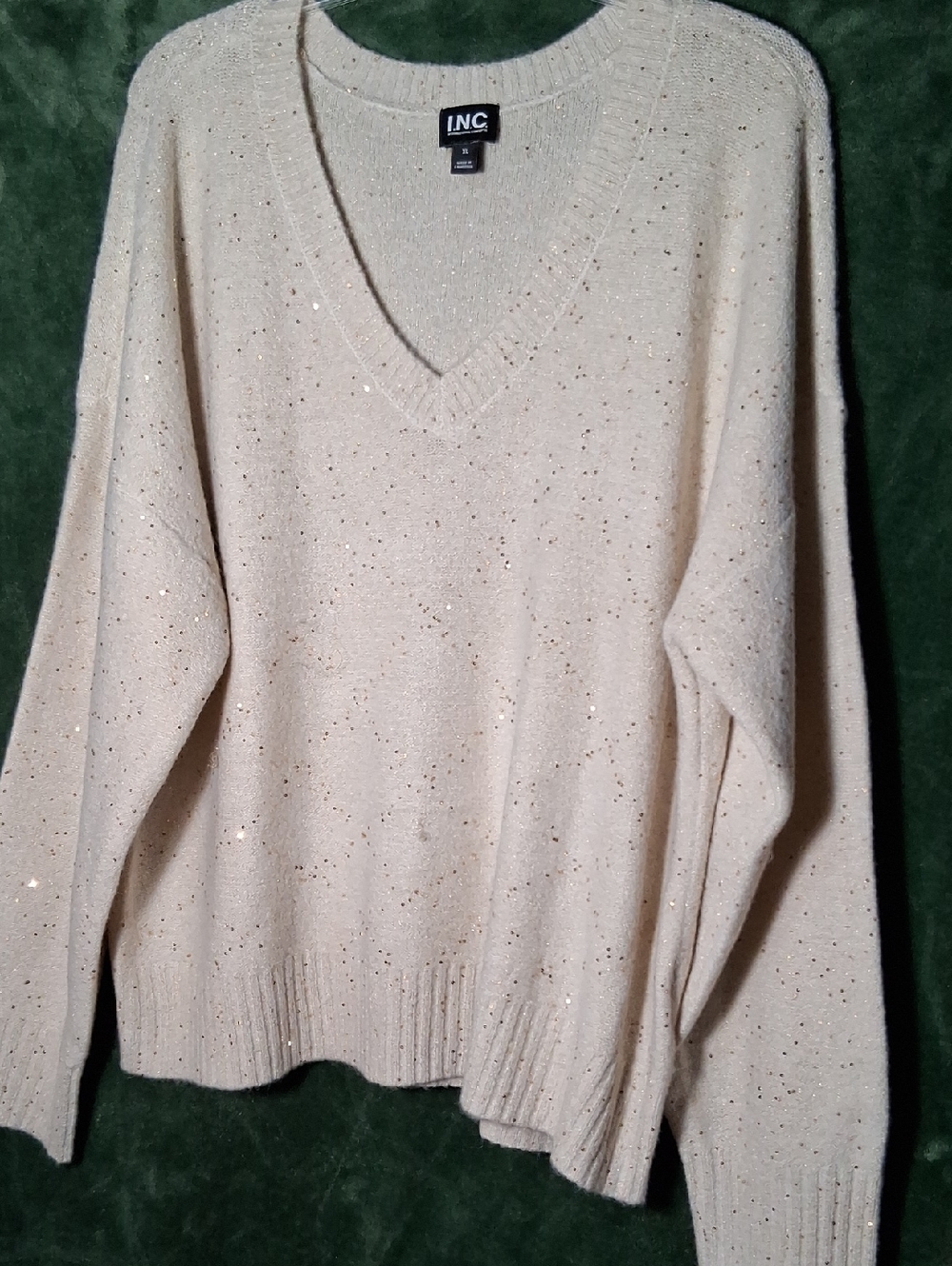 INC International Concepts Cream V-Neck Sequin Knit Sweater
